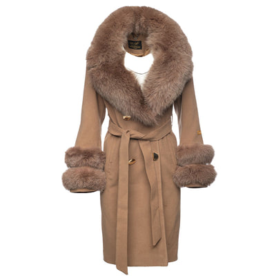 Aria Beige Chic long cashmere blend coat with fox fur