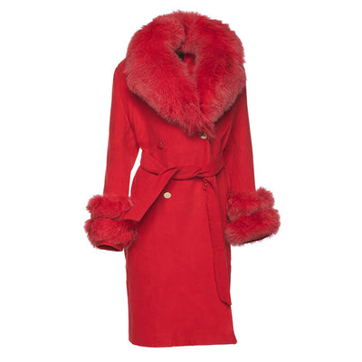 Aria Red chic long cashmere blend coat with fox fur