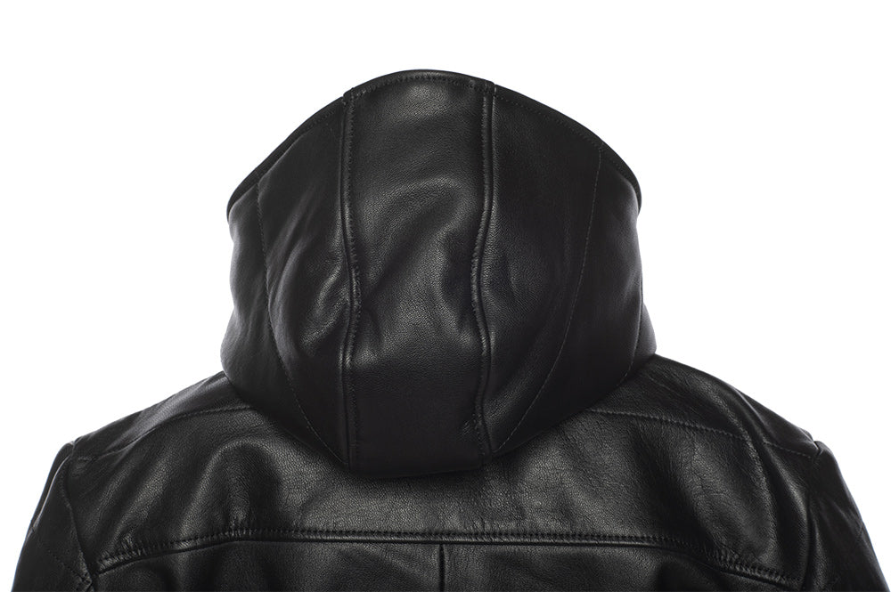 Jules black Buttoned up hooded leather jacket