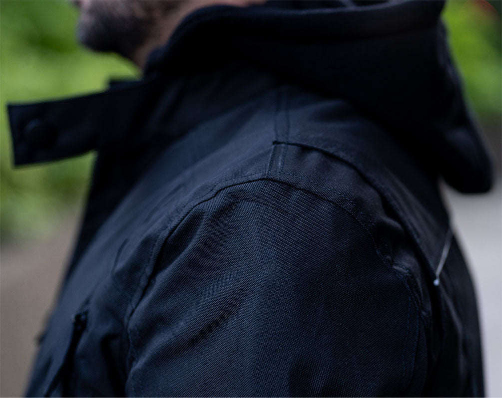 "Black Utility" Air Ventilation and Hooded Breathable and Waterproof Textile Motorcycle Jacket with armor protectors