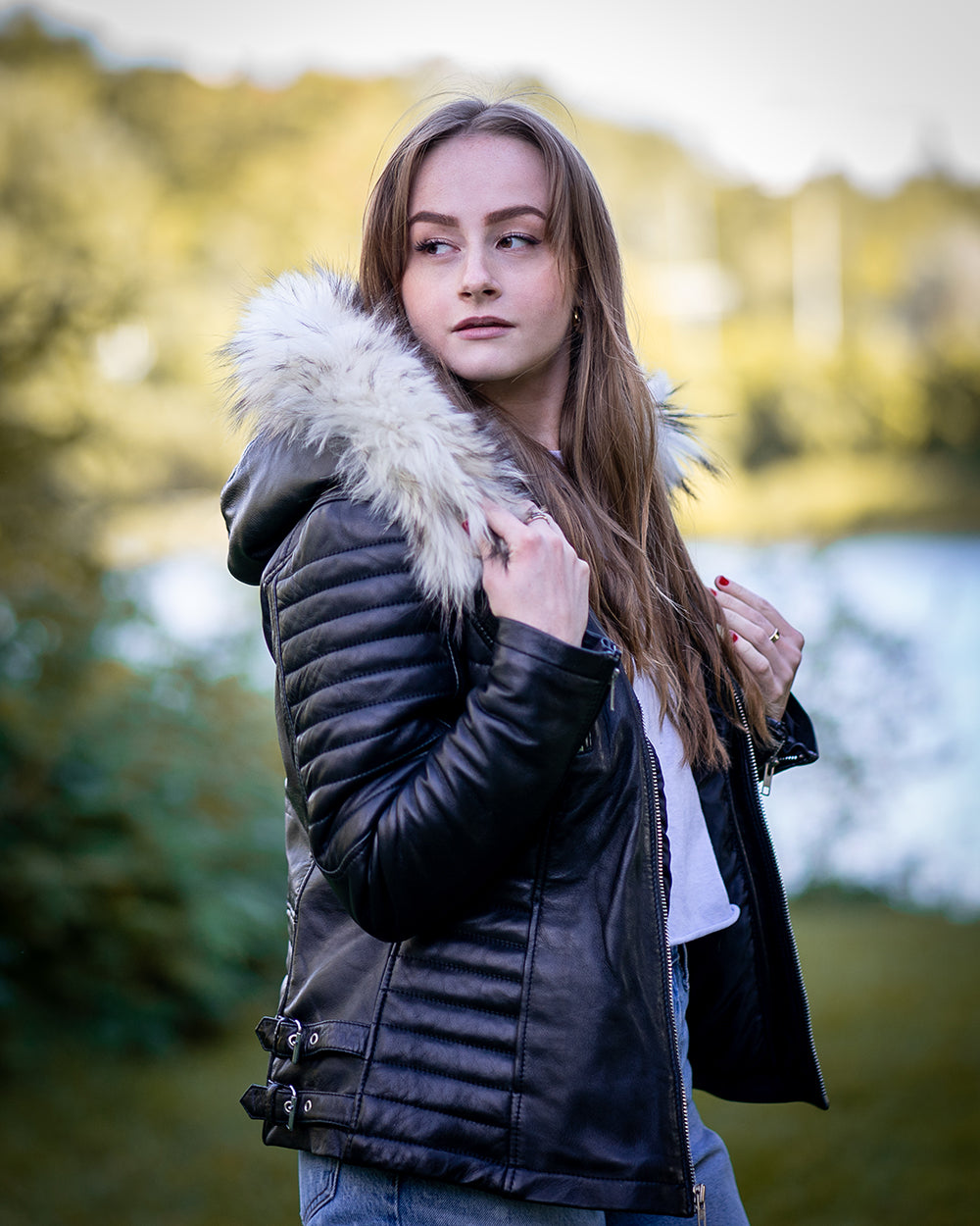 Larissa's Black Leather Jacket with Hoodie and Fur Trim