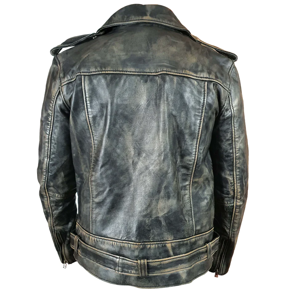 Distressed-Biker-style-jacket-with-belt-Back