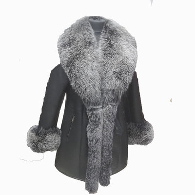 Stella black shearling coat with fox fur trim