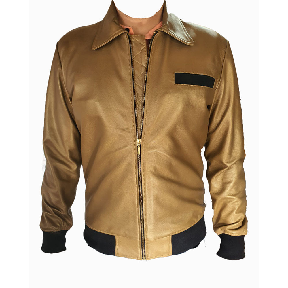 Golden Shiny Leather Bomber Jacket Mens