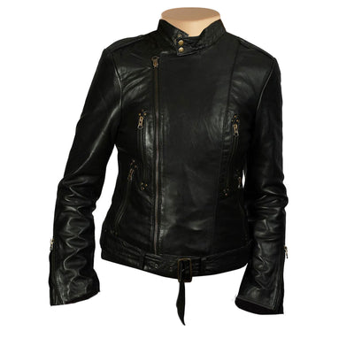 Women's Lynn Black Leather Side Zip Jacket Safe and Waterproof