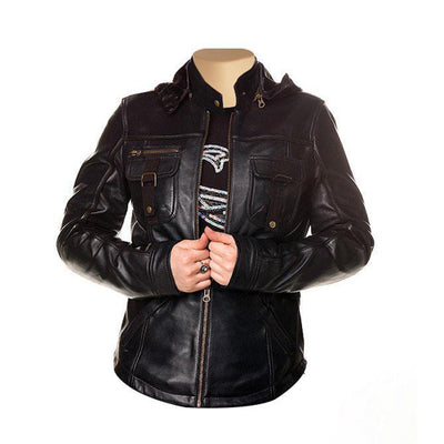 Tracy leather jacket with neck belt for Women