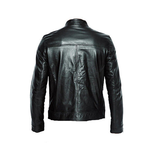 Plain black moto style jacket with stripes - Lusso Leather - 2