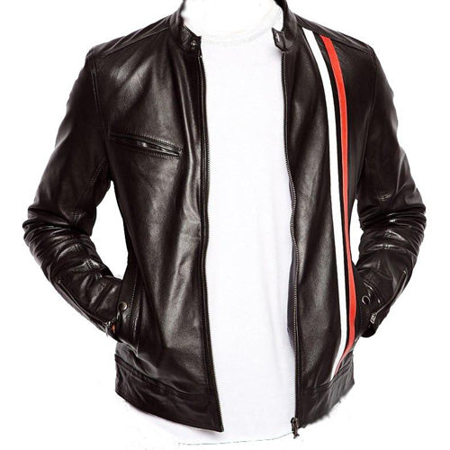 Plain black moto style jacket with stripes - Lusso Leather - 1