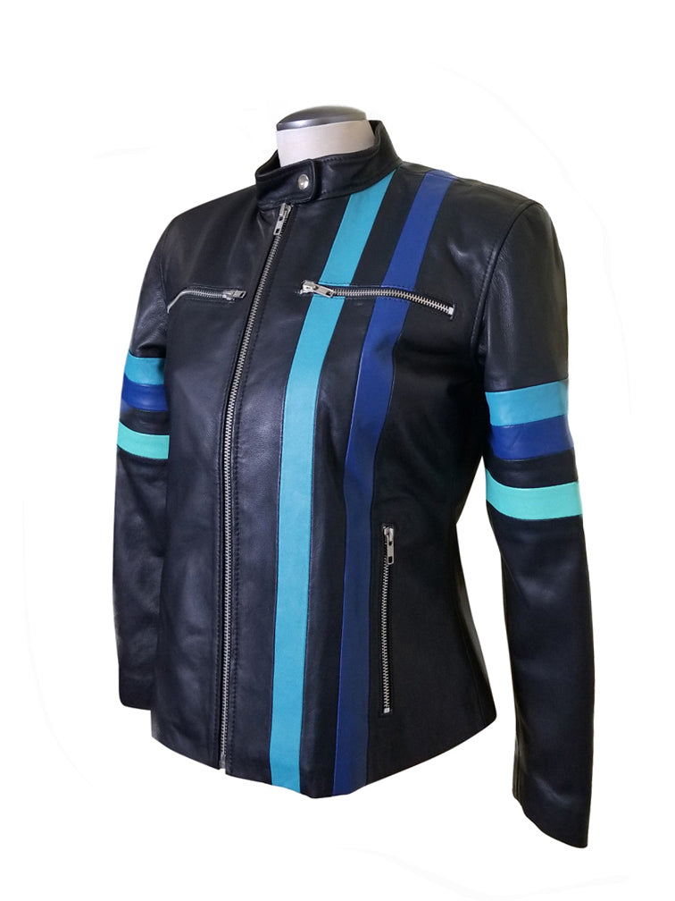 Style Stripes Kerri's blue moto leather jacket