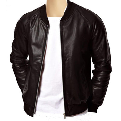 Black bomber style ribbed jacket - Lusso Leather - 1