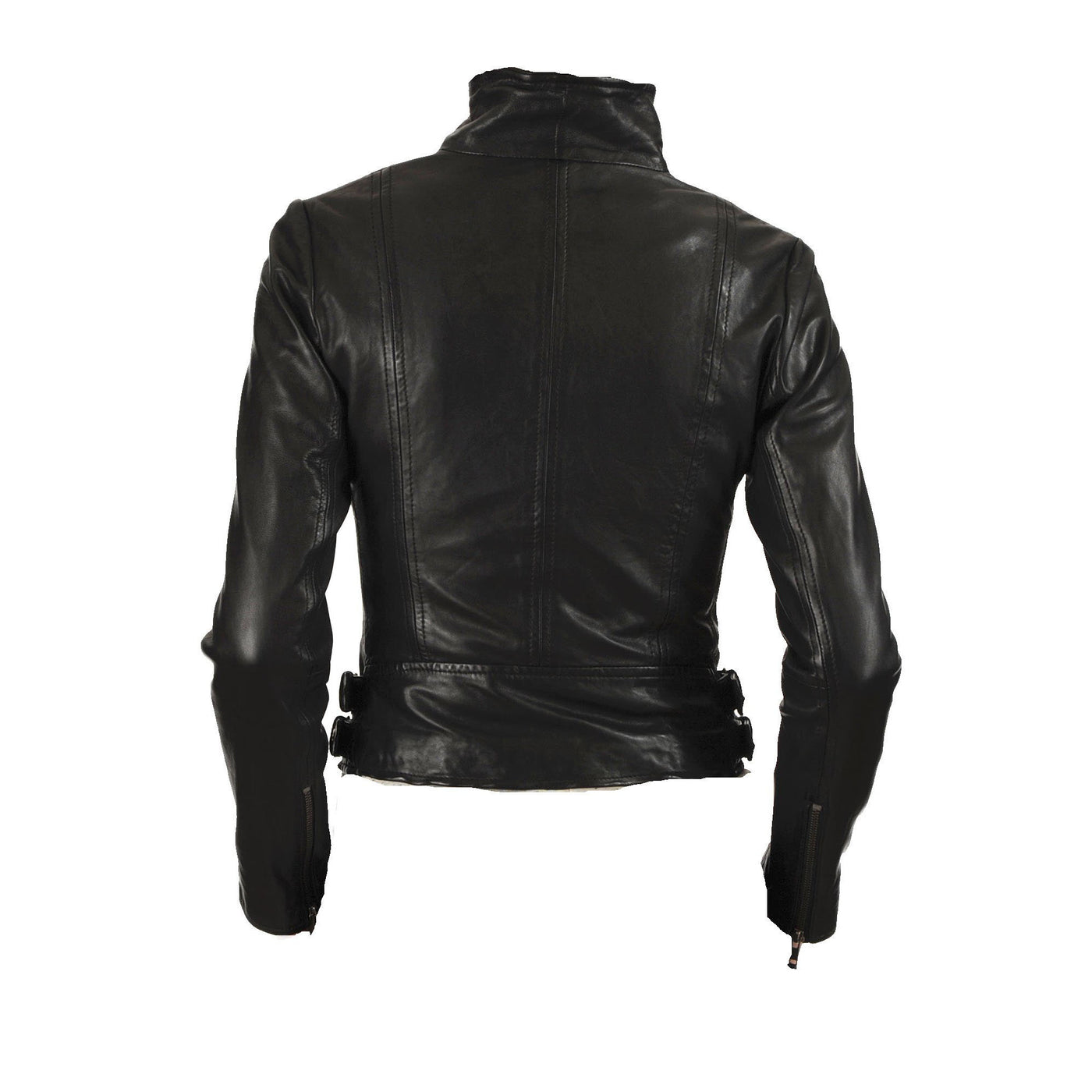 Women's biker style jacket with collar belt - Lusso Leather - 2