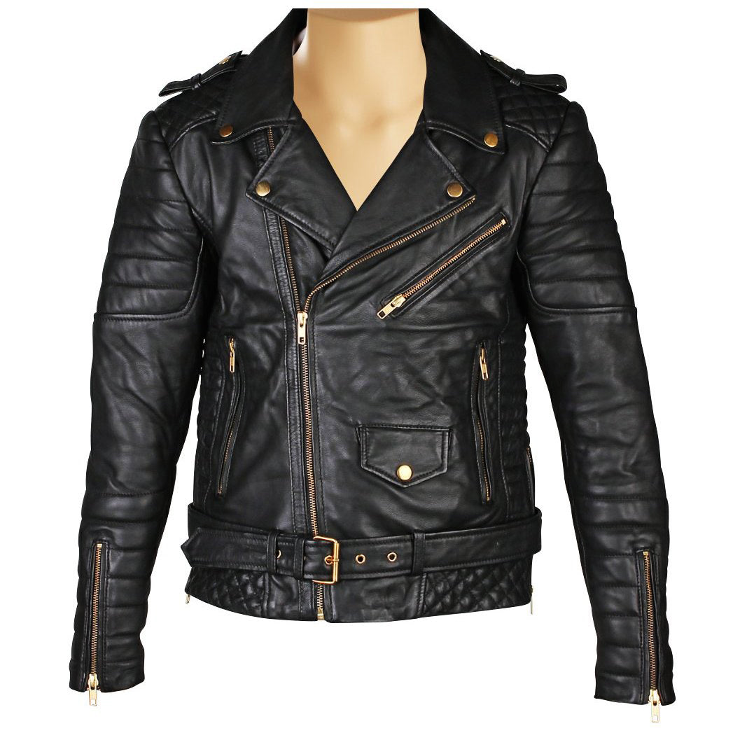 Men's black quilted biker-style leather jacket