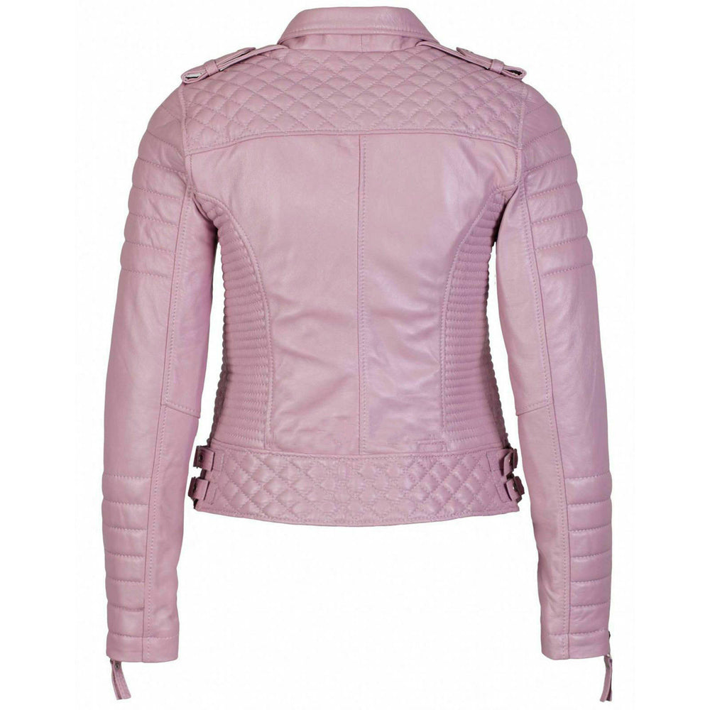 Fashionable Pink quilted Biker leather jacket for women
