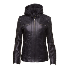Women's black leather jacket with piping details