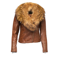Women's Large Fur Shawl leather jacket with ribbed sleeve detailing