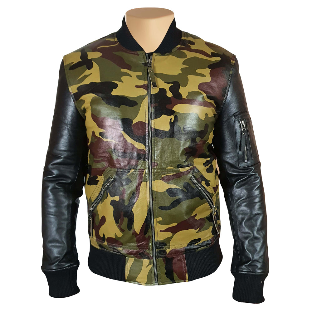 Bomber Camouflage Military print leather jacket with Back sleeves