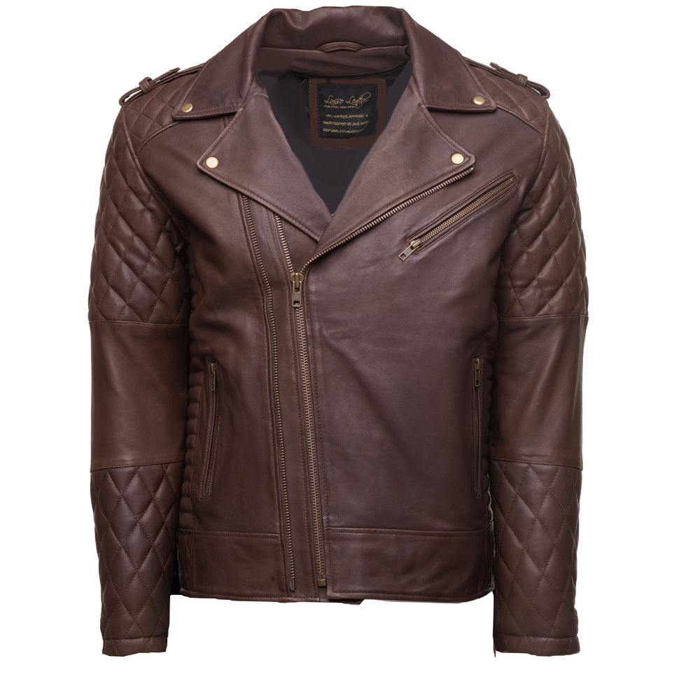Brown Quilted Biker leather jacket with diamond stitching details