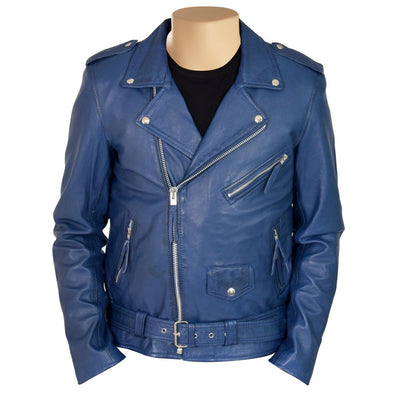 Leather jacket with belt in Kain Blue typical biker style