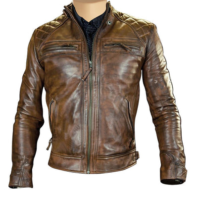 Brown biker leather jacket with a distressed finish in roan