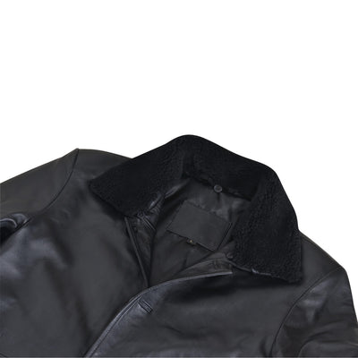 Eric's black leather car coat with fur collar