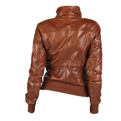 Women's zip up waxed cognac leather jacket with ribbed cuffs and hem