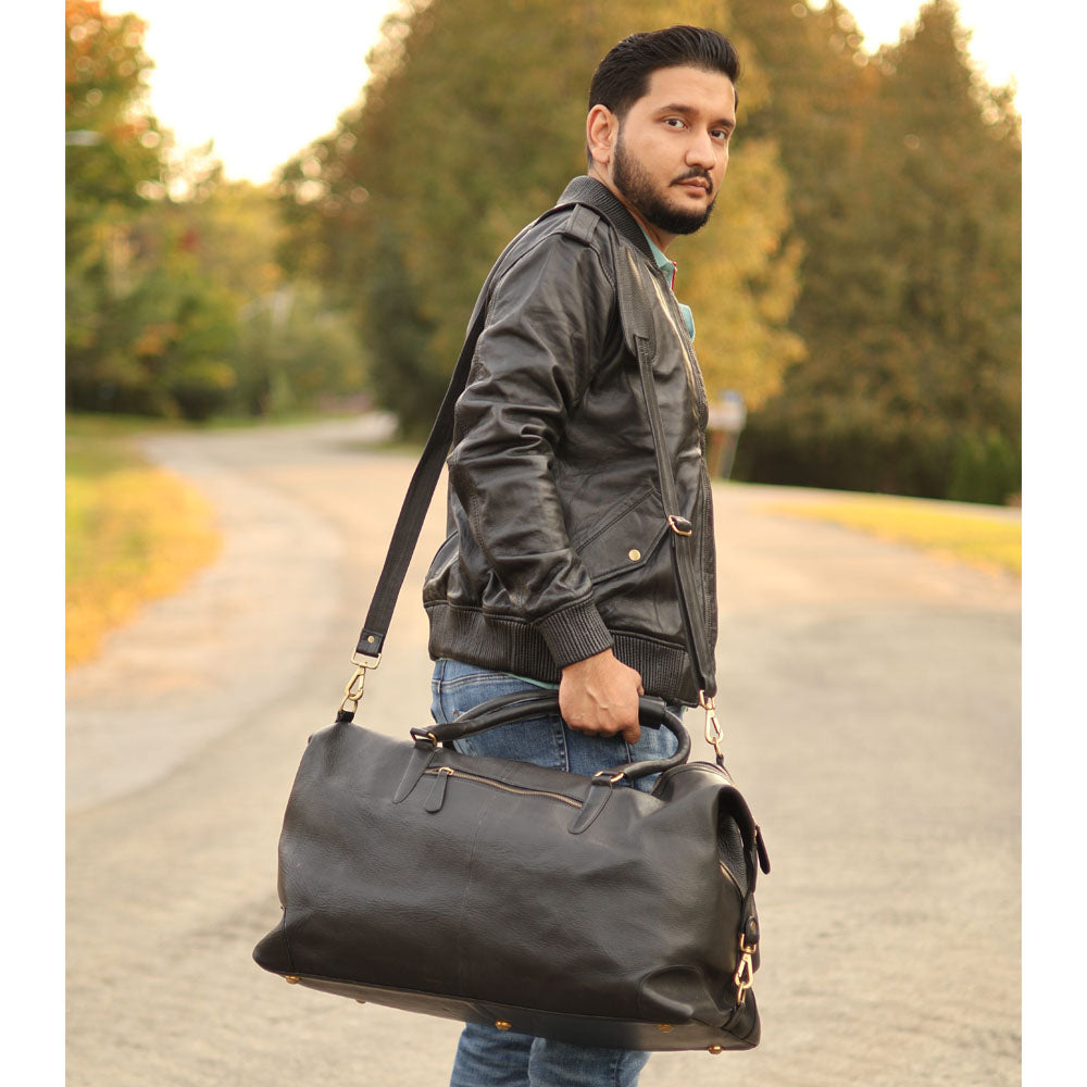 Duffy's black leather unisex travel duffel bag