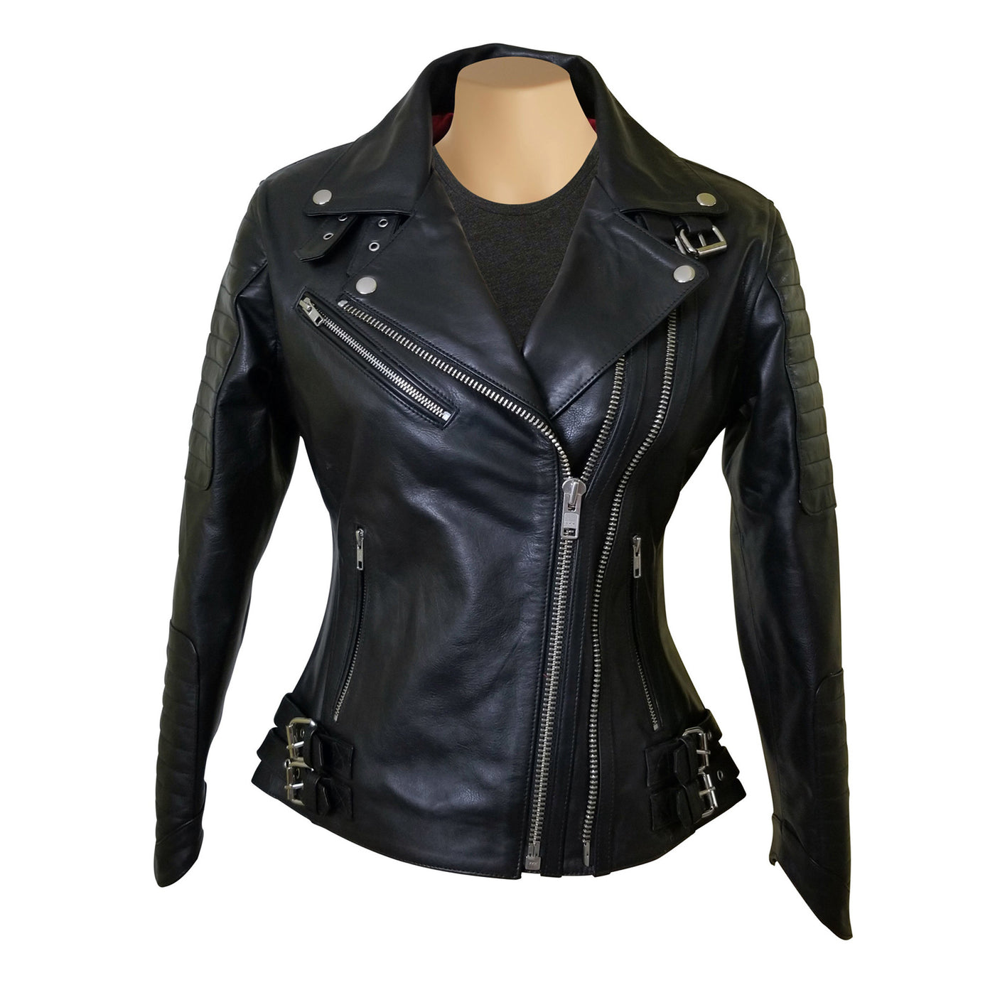 Miyah's double zipper leather jacket with ribbed stitching details