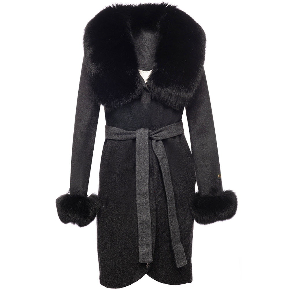 Mia's belt tie wool coat with fox fur
