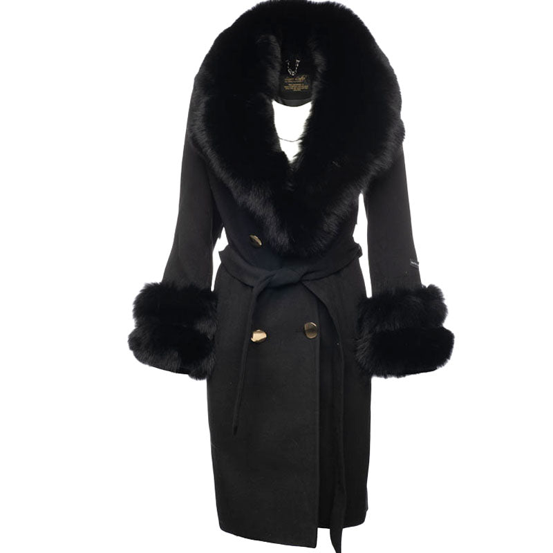 Aria Black Chic long cashmere blend coat with fox fur