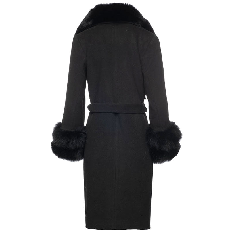 Aria Black Chic long cashmere blend coat with fox fur