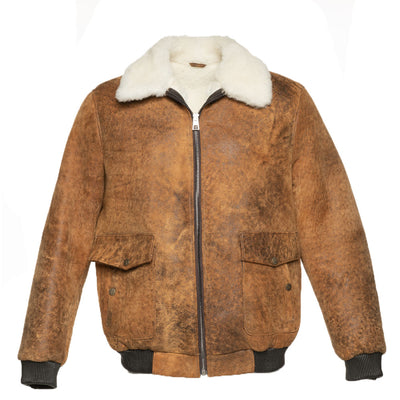 Lucian's distressed brown A2 Bomber shearling jacket