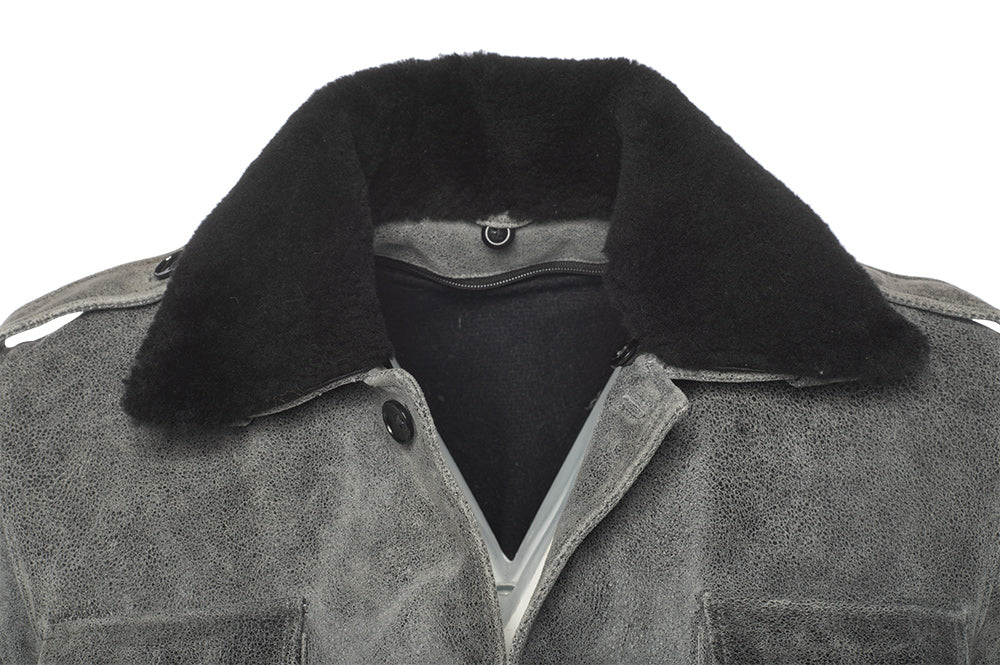 Ryder vintage grey leather coat with fur collar