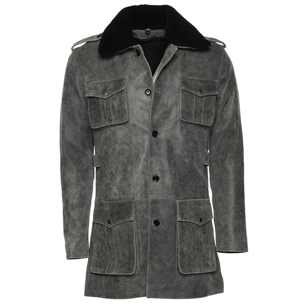 Ryder vintage grey leather coat with fur collar