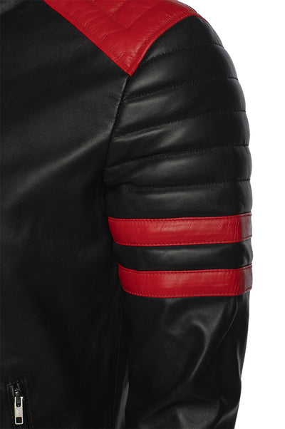 Black moto style jacket with shoulder and arm patches