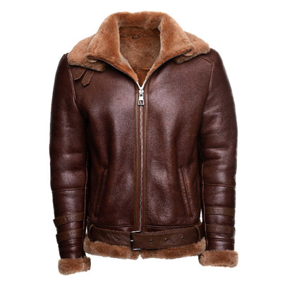 Phan's Brown Aviator bomber shearling jacket with a waist belt