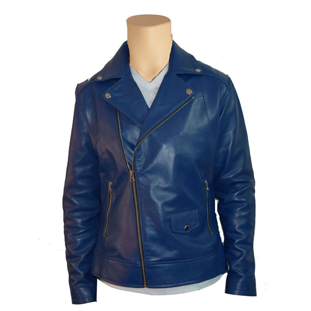 Blue biker style leather jacket