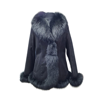 Astrid black shearling coat with fox fur trim