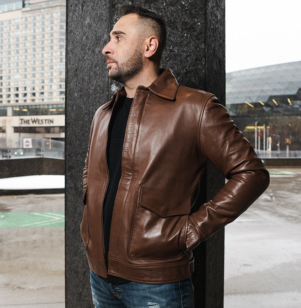 Bomber Leather Jacket with Spread Collars, Biker Jacket – Lusso Leather