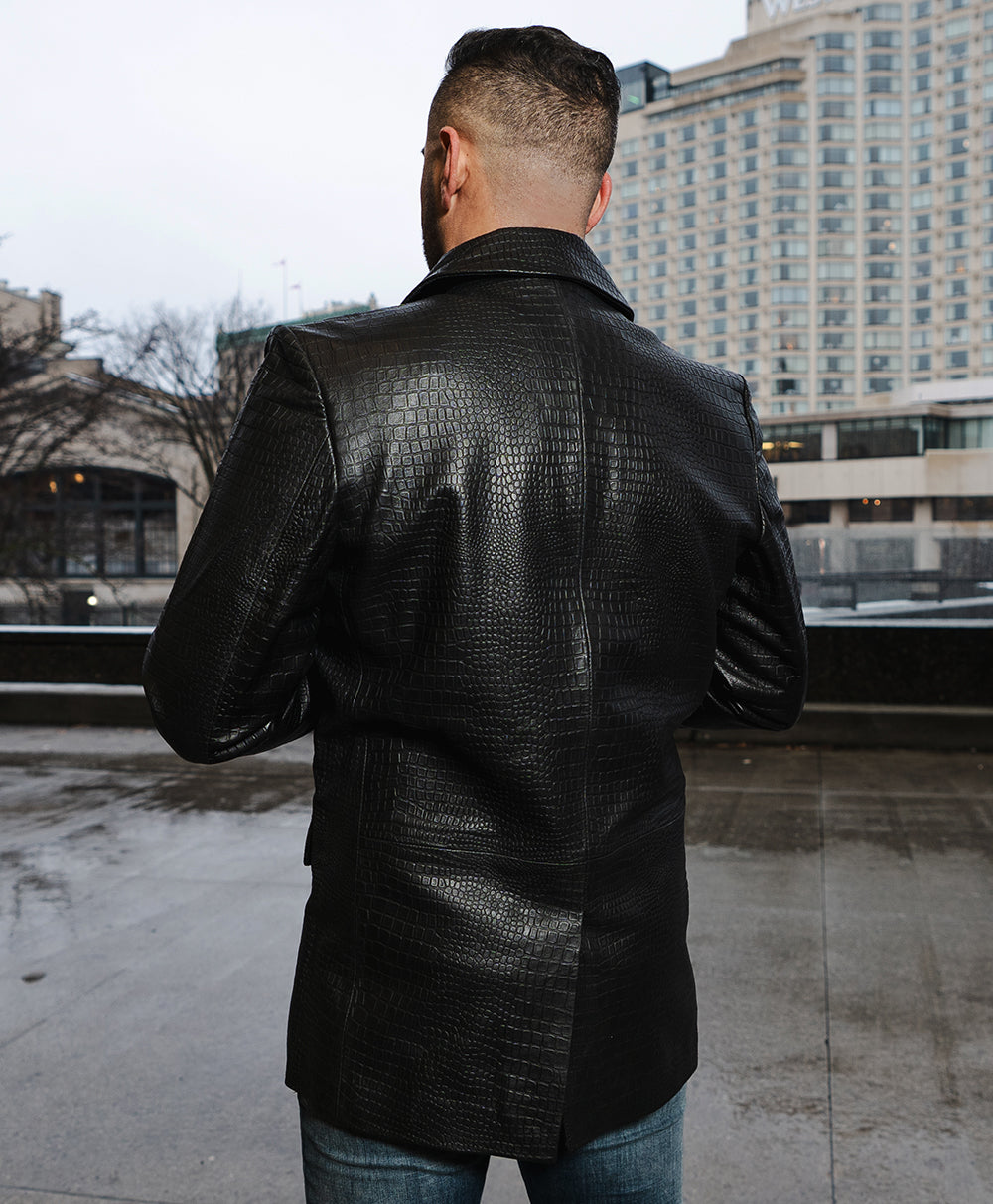 Croc print black leather blazer