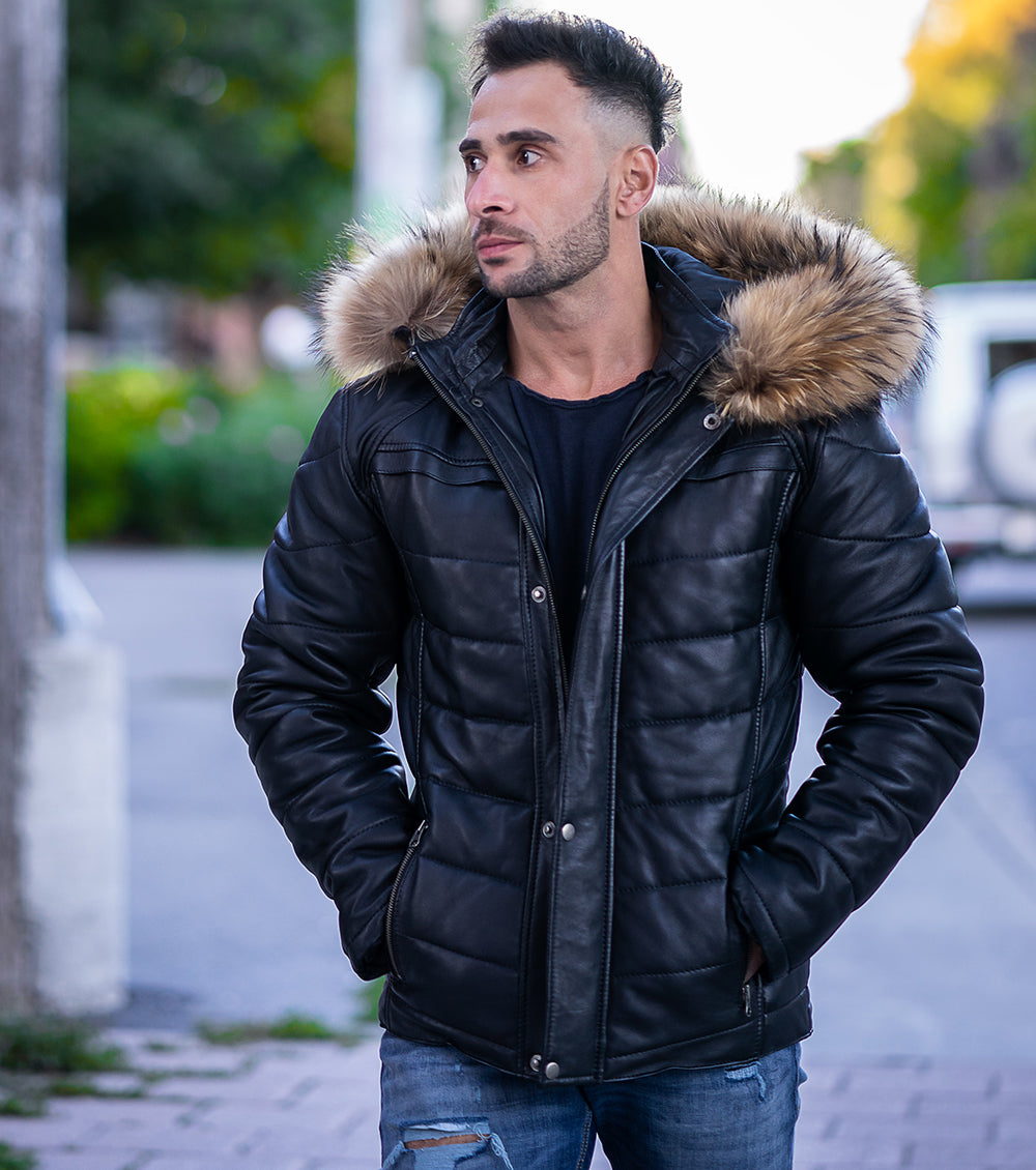 Rossi's polyfill winter leather jacket with fur on hoodie