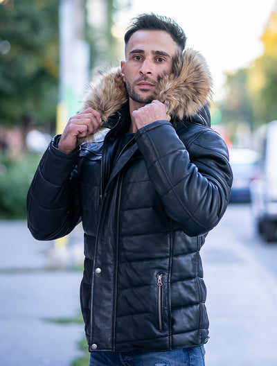 Rossi's polyfill winter leather jacket with fur on hoodie