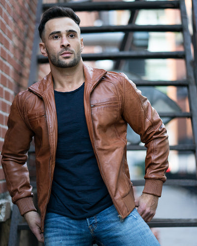 Beltrans sand washed leather jacket with stretch leather hems & cuffs
