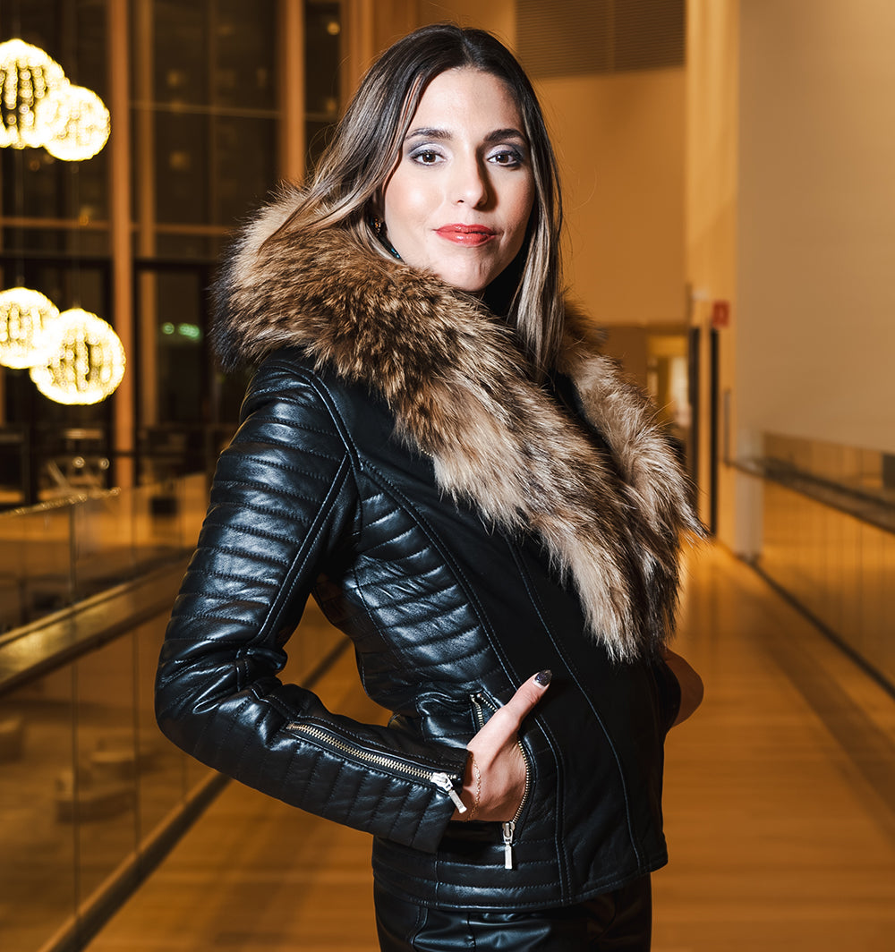 Luciana's Fur Shawl leather jacket with ribbed sleeve detailing