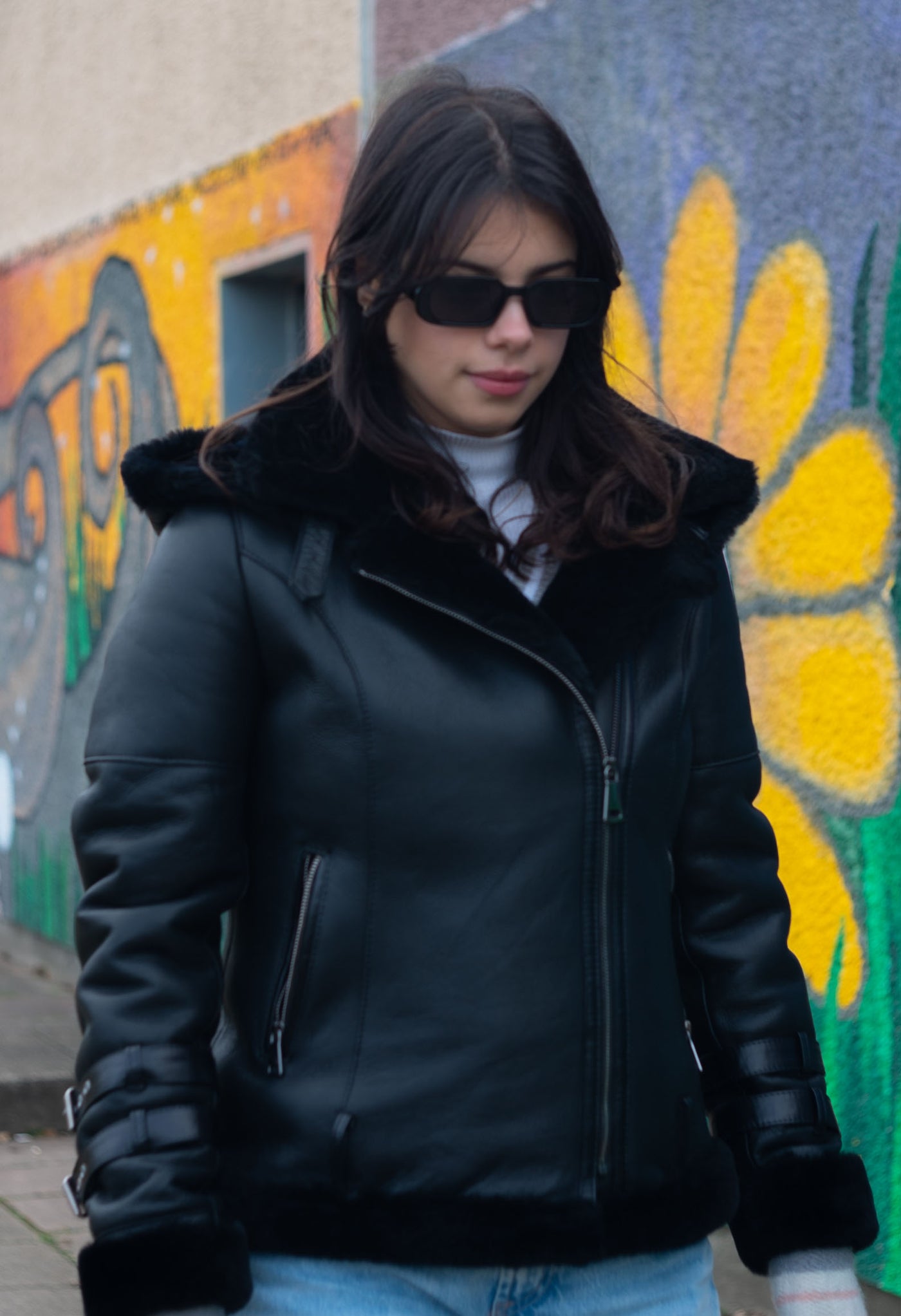 Sofie's black biker style sheepskin shearling jacket with hoodie