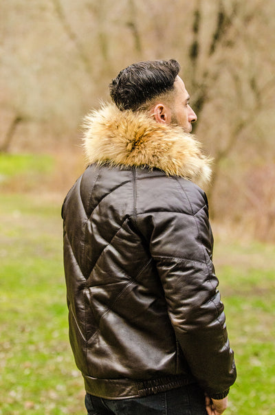 Brown V-Bomber style Puffer Winter Leather Jacket with fur collar