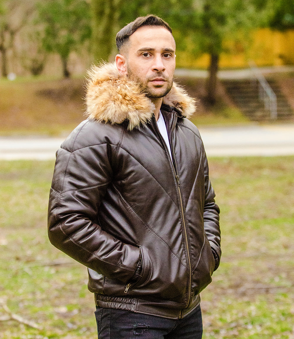 Brown V-Bomber style Puffer Winter Leather Jacket with fur collar
