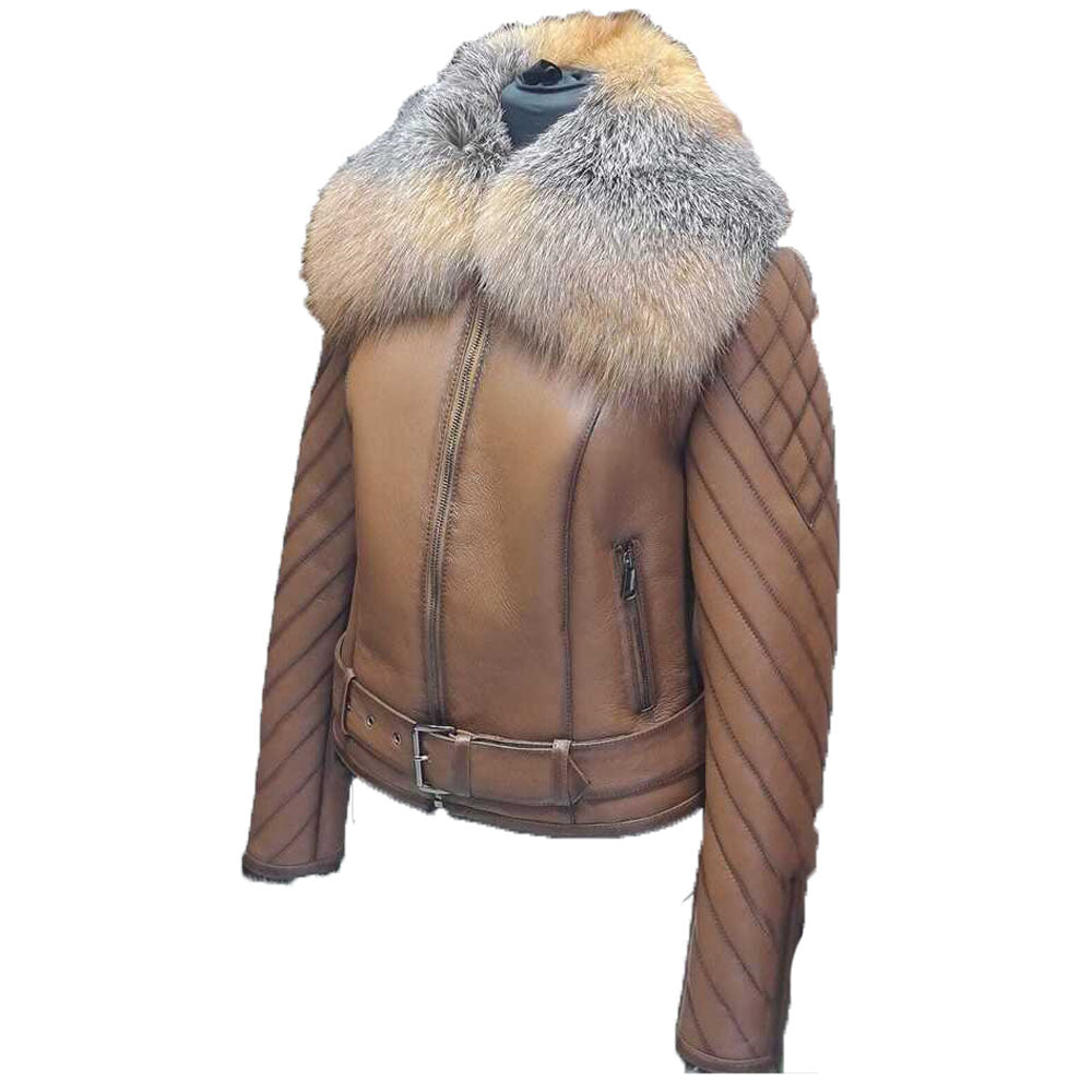 Lumins  quilted shearling jacket with crystal fox fur