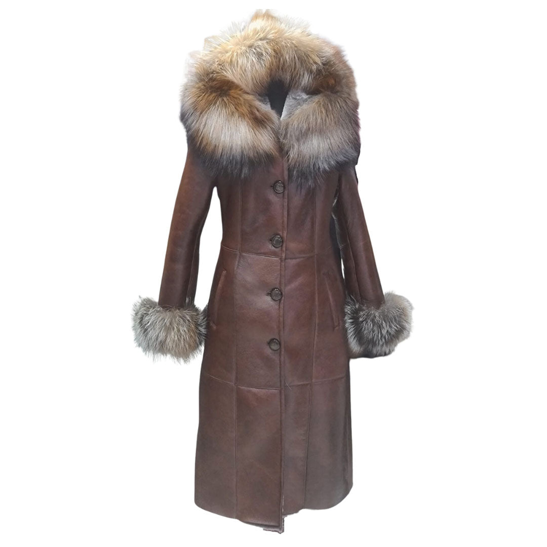 Riley brown hooded shearling coat with fox fur