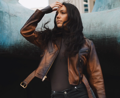Tracy's shaded brown crop biker leather jacket with waist belt