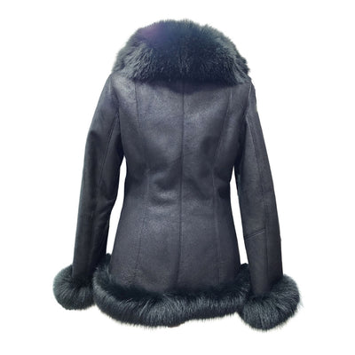 Astrid black shearling coat with fox fur trim